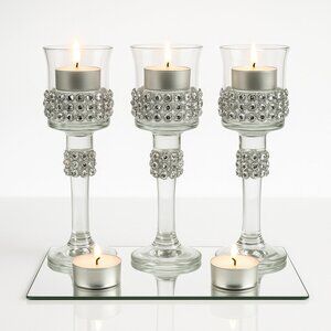 Set of 3 Rhinestone Embellished Glass Candle Holders – Glamorous Centerpiece Déc